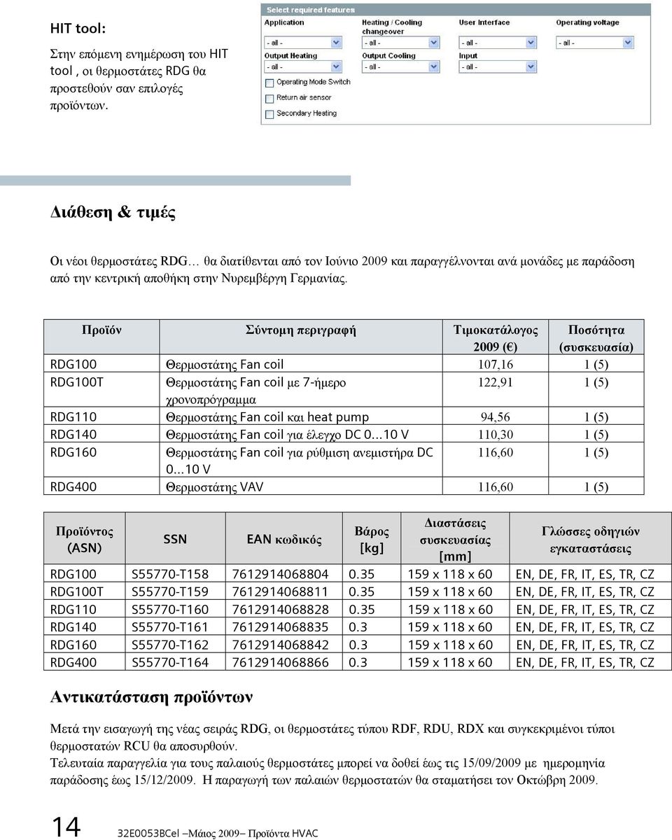 Προϊόν Σύντομη περιγραφή Τιμοκατάλογος 2009 ( ) Ποσότητα (συσκευασία) RDG100 Θερμοστάτης Fan coil 107,16 1 (5) RDG100T Θερμοστάτης Fan coil με 7-ήμερο 122,91 1 (5) χρονοπρόγραμμα RDG110 Θερμοστάτης