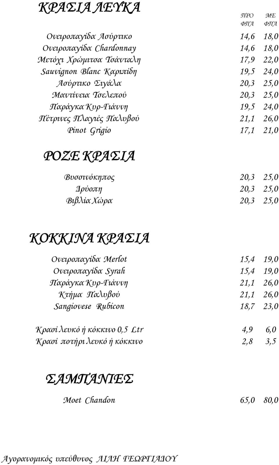 Δρύοπη 20,3 25,0 Βιβλία Χώρα 20,3 25,0 ΚΟΚΚΙΝΑ ΚΡΑΣΙΑ Ονειροπαγίδα Merlot 15,4 19,0 Ονειροπαγίδα Syrah 15,4 19,0 Παράγκα Κυρ-Γιάννη 21,1 26,0 Κτήμα Παλυβού 21,1 26,0