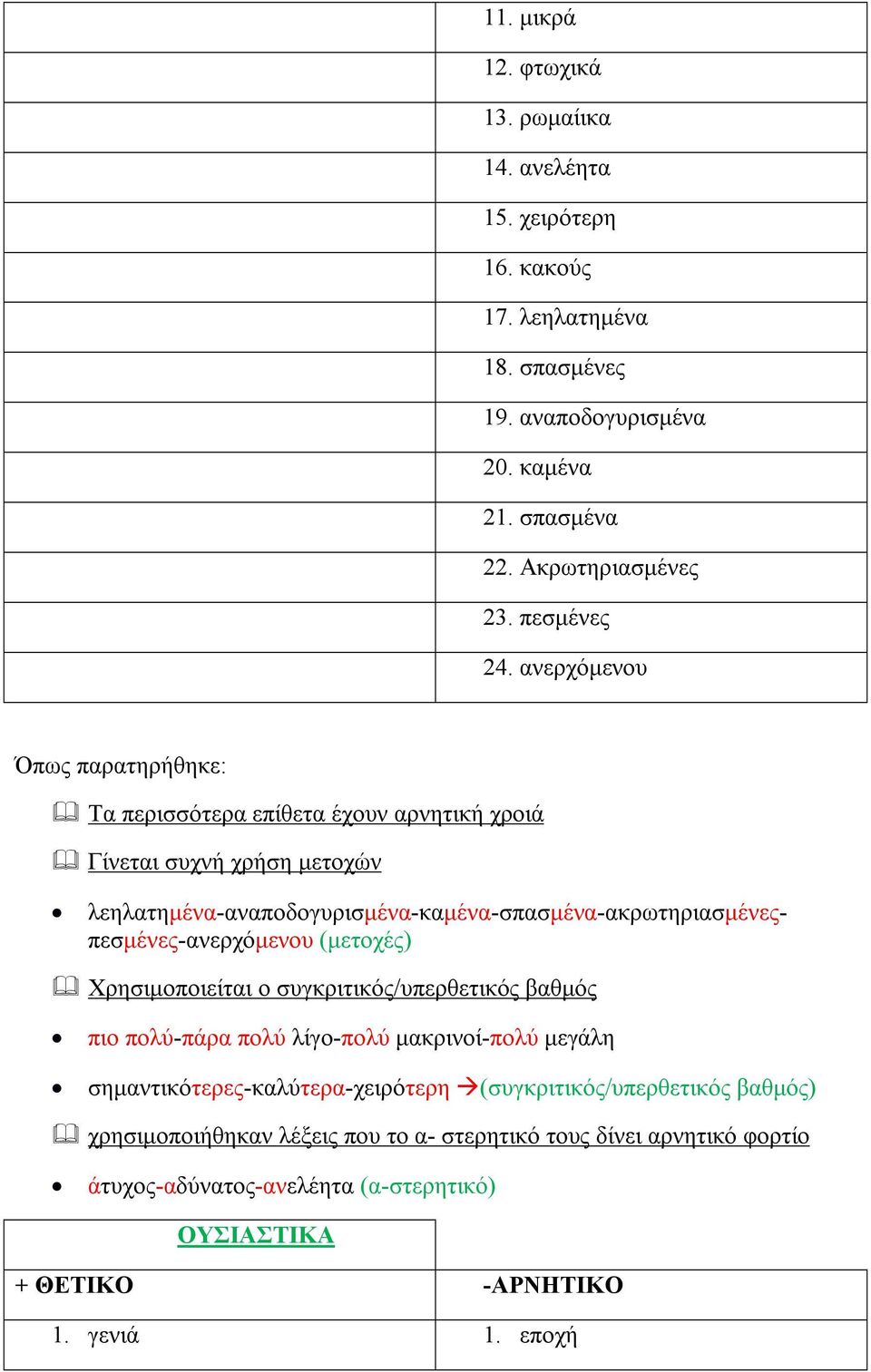 ανερχόμενου Όπως παρατηρήθηκε: Τα περισσότερα επίθετα έχουν αρνητική χροιά Γίνεται συχνή χρήση μετοχών