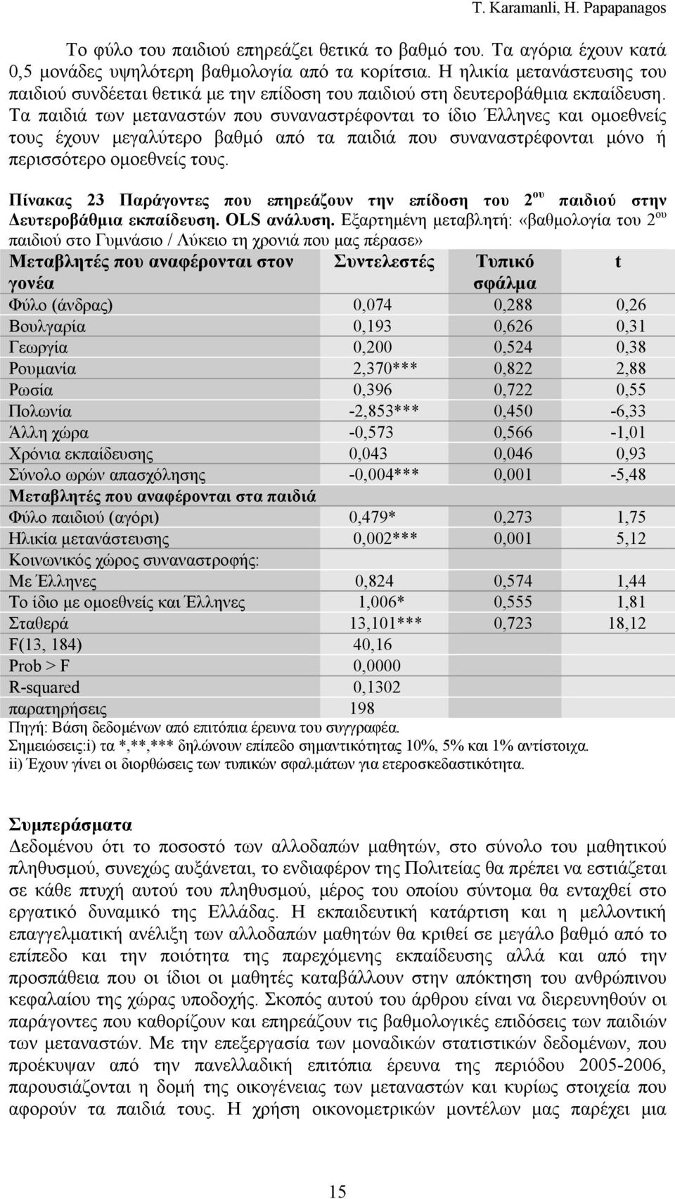 Τα παιδιά των μεταναστών που συναναστρέφονται το ίδιο Έλληνες και ομοεθνείς τους έχουν μεγαλύτερο βαθμό από τα παιδιά που συναναστρέφονται μόνο ή περισσότερο ομοεθνείς τους.