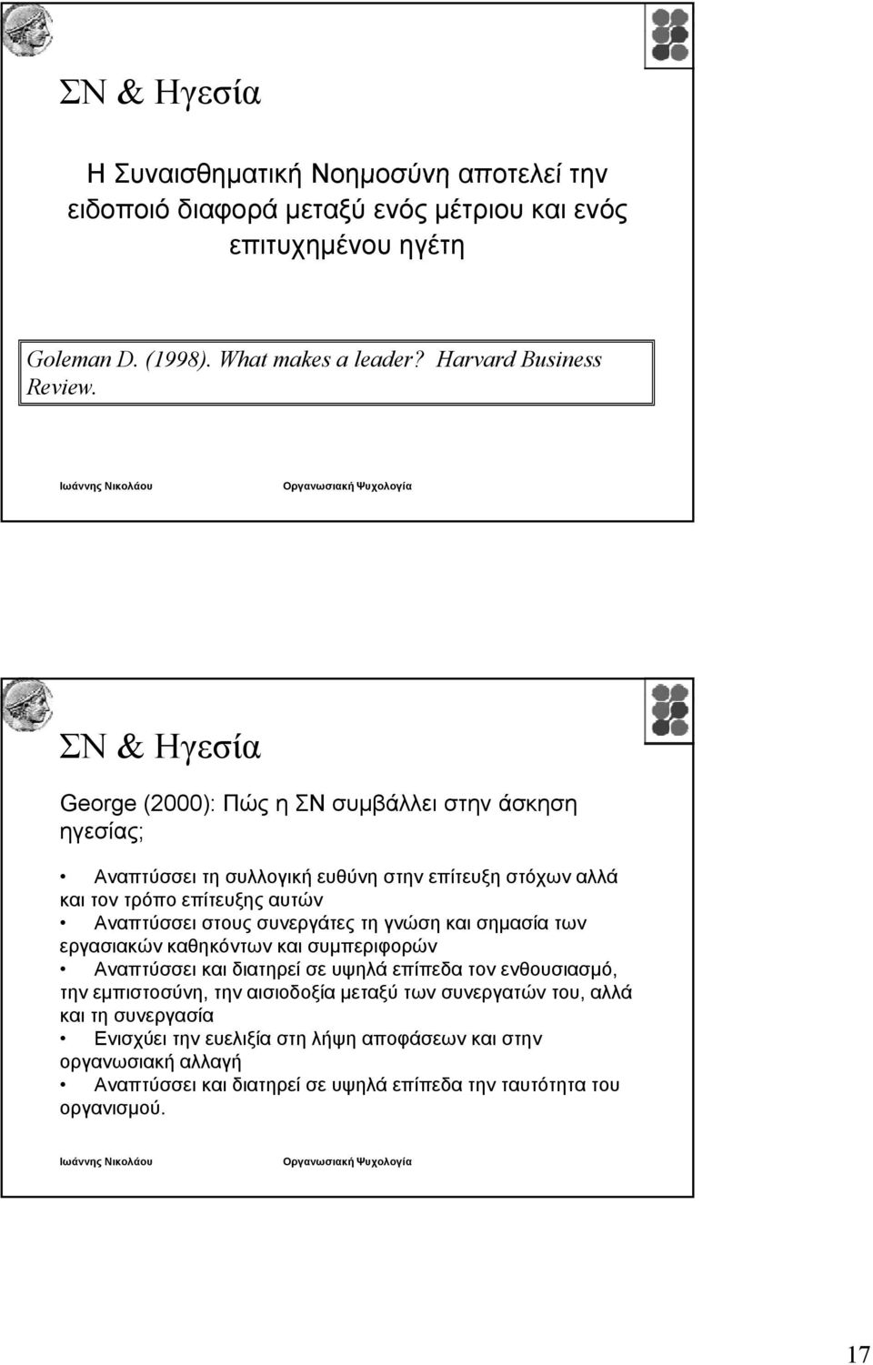 ΣΝ & Ηγεσία George (2000): Πώς η ΣΝ συμβάλλει στην άσκηση ηγεσίας; Αναπτύσσει τη συλλογική ευθύνη στην επίτευξη στόχων αλλά και τον τρόπο επίτευξης αυτών Αναπτύσσει στους