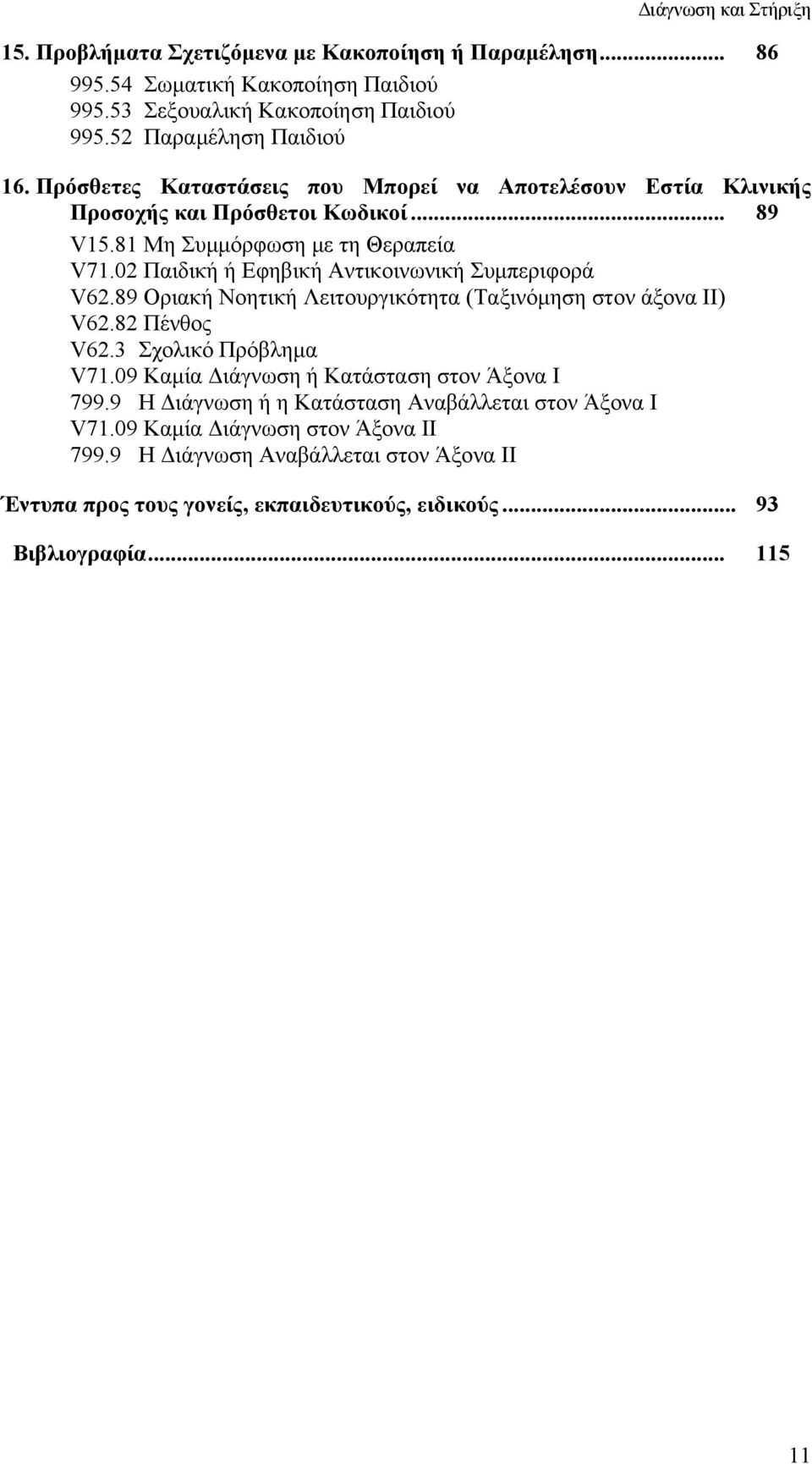 02 Παιδική ή Εφηβική Αντικοινωνική Συμπεριφορά V62.89 Οριακή Νοητική Λειτουργικότητα (Ταξινόμηση στον άξονα ΙΙ) V62.82 Πένθος V62.3 Σχολικό Πρόβλημα V71.