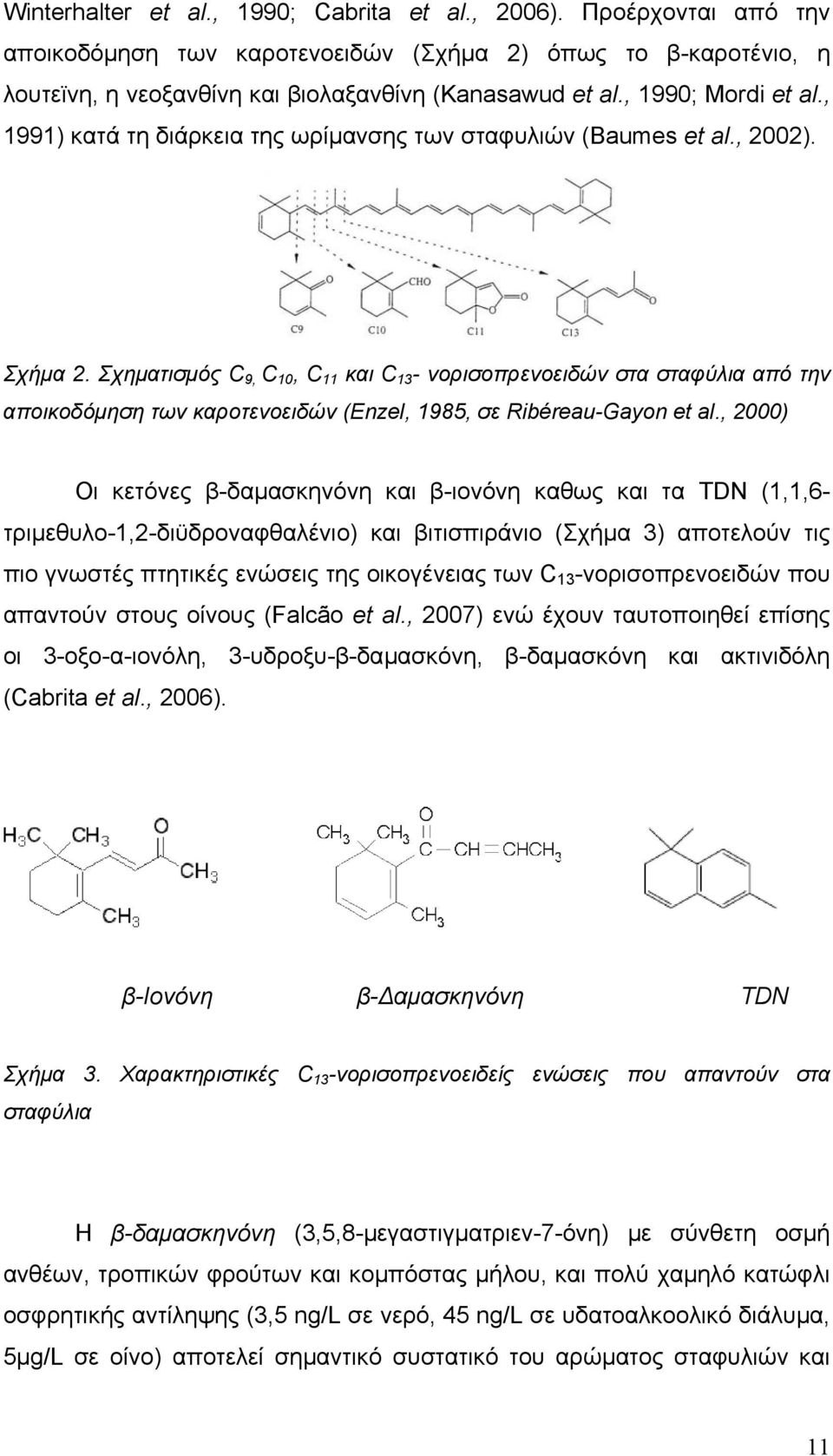 Σχηµατισµός C 9, C 10, C 11 και C 13 - νορισοπρενοειδών στα σταφύλια από την αποικοδόµηση των καροτενοειδών (Enzel, 1985, σε Ribéreau-Gayon et al.