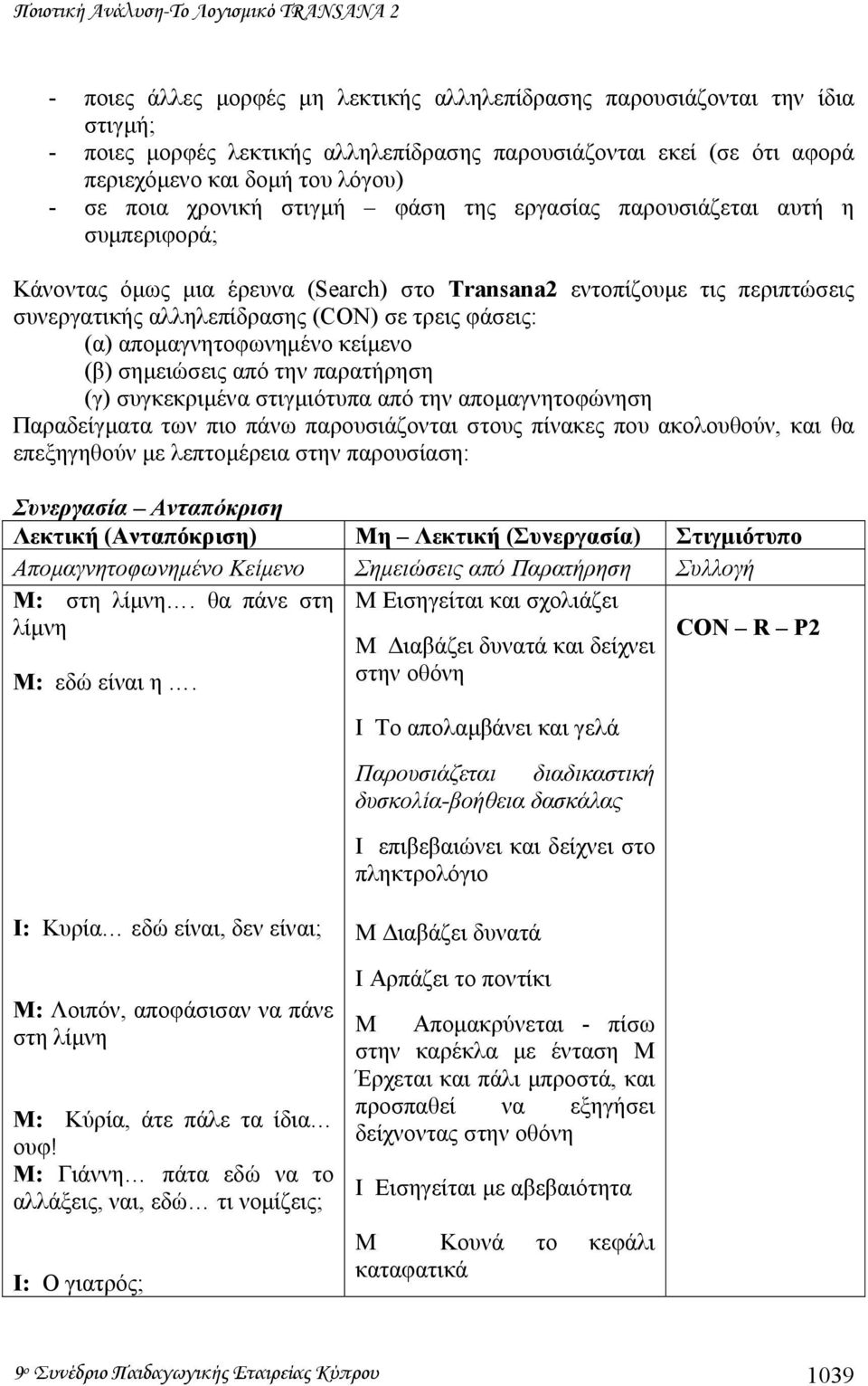 αλληλεπίδρασης (CON) σε τρεις φάσεις: (α) αποµαγνητοφωνηµένο κείµενο (β) σηµειώσεις από την παρατήρηση (γ) συγκεκριµένα στιγµιότυπα από την αποµαγνητοφώνηση Παραδείγµατα των πιο πάνω παρουσιάζονται