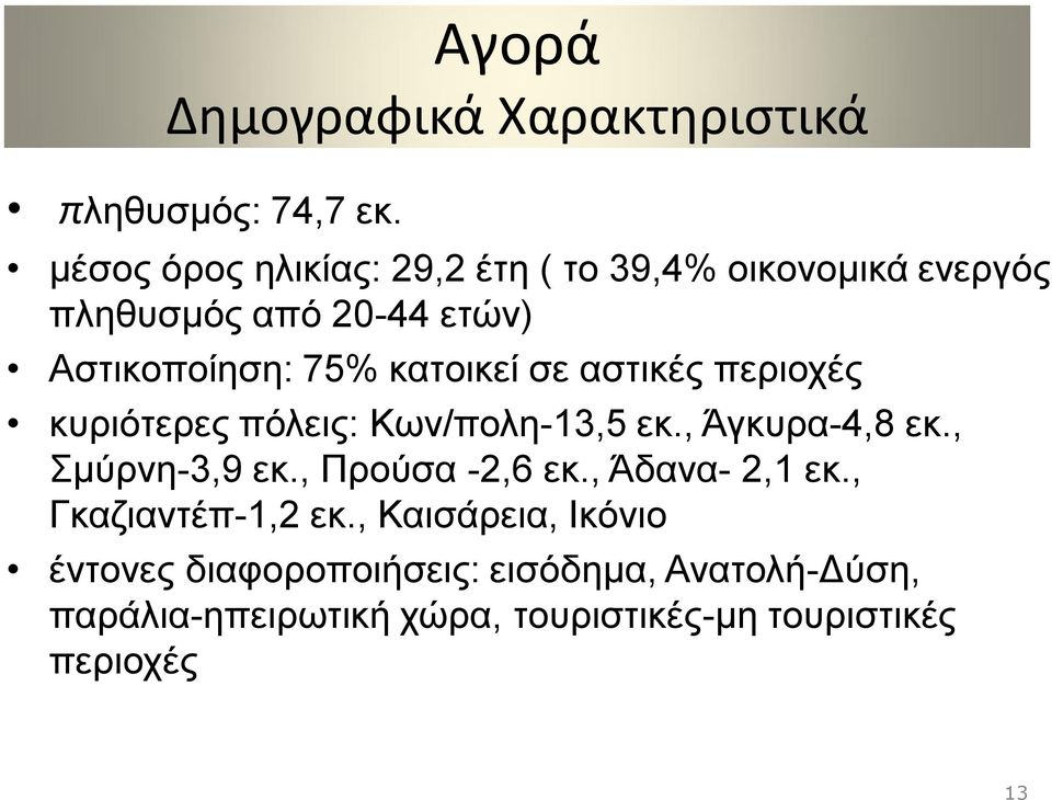 κατοικεί σε αστικές περιοχές κυριότερες πόλεις: Κων/πολη-13,5 εκ., Άγκυρα-4,8 εκ., Σμύρνη-3,9 εκ.