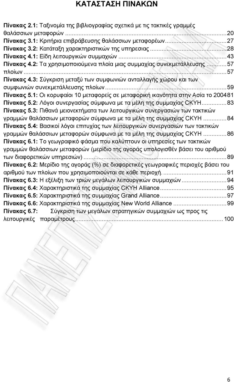 3: Σύγκριση μεταξύ των συμφωνιών ανταλλαγής χώρου και των συμφωνιών συνεκμετάλλευσης πλοίων... 59 Πίνακας 5.1: Οι κορυφαίοι 10 μεταφορείς σε μεταφορική ικανότητα στην Ασία το 200481 Πίνακας 5.