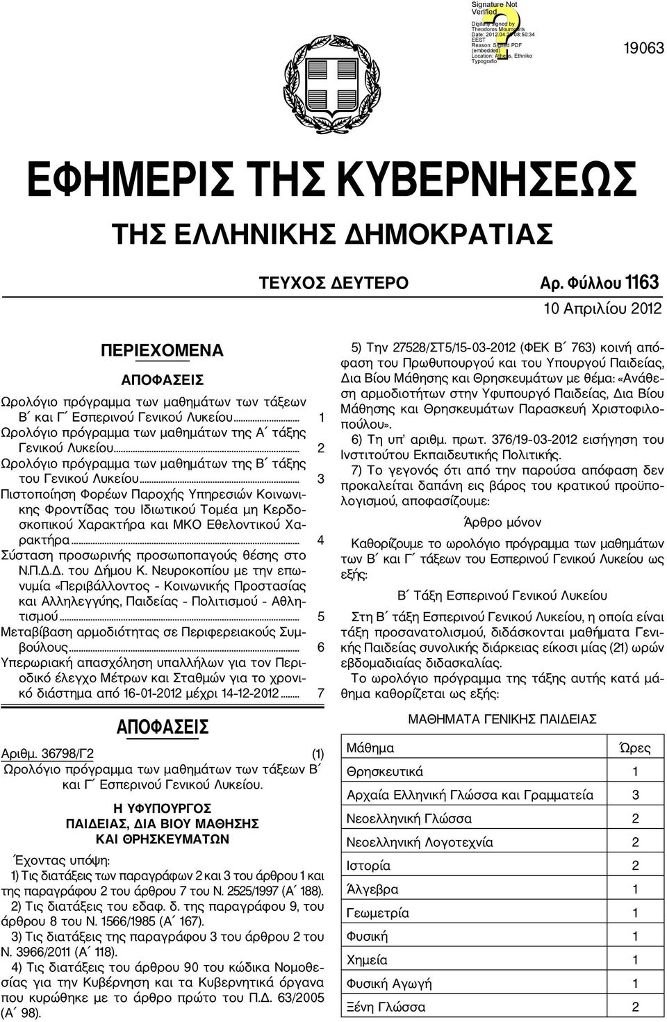 .. 2 Ωρολόγιο πρόγραμμα των μαθημάτων της Β τάξης του Γενικού Λυκείου.