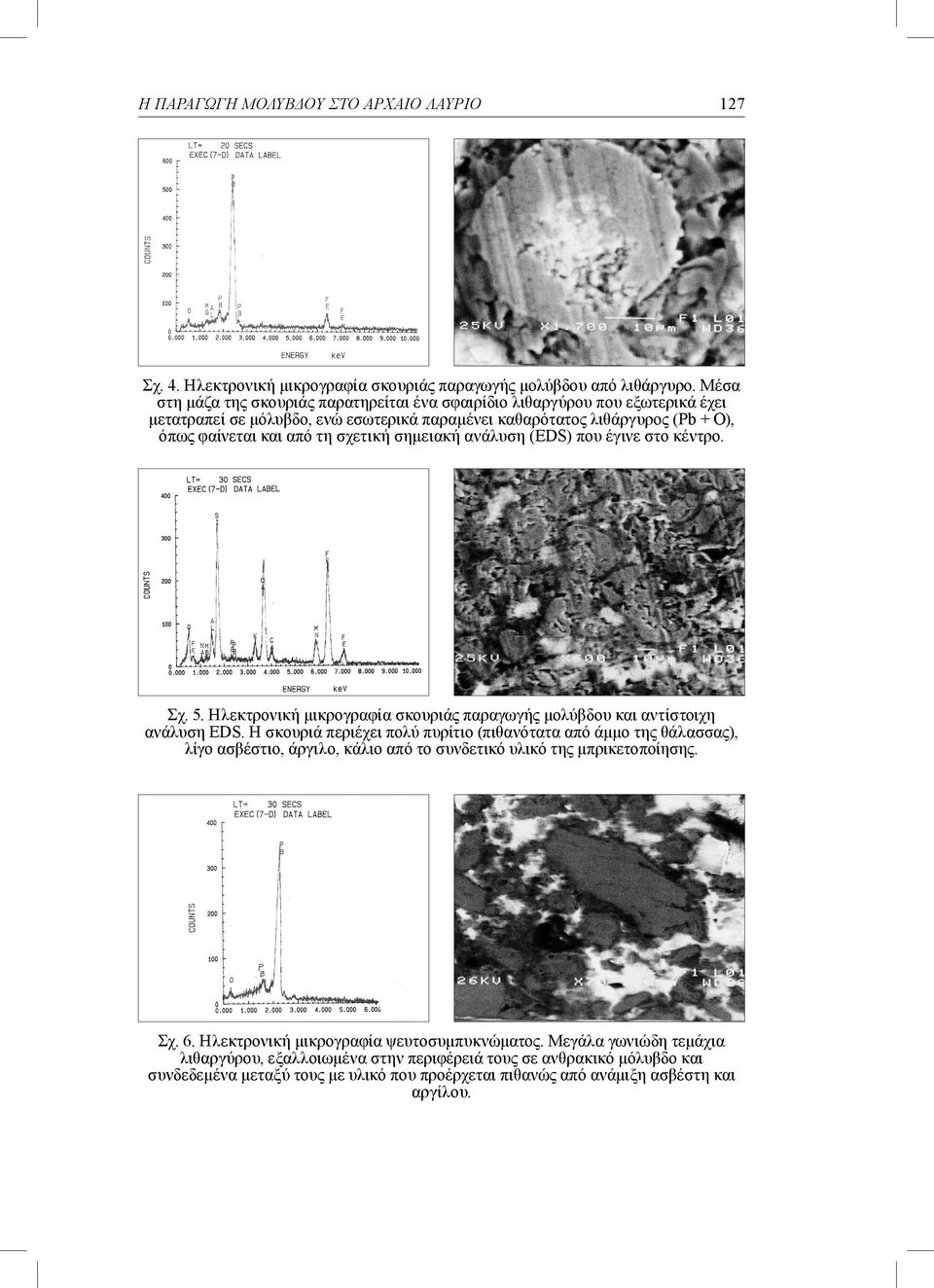 σημειακή ανάλυση (ΕDS) που έγινε στο κέντρο. Σχ. 5. Ηλεκτρονική μικρογραφία σκουριάς παραγωγής μολύβδου και αντίστοιχη ανάλυση ΕDS.