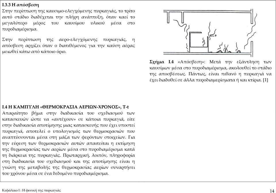 4 «Απόσβεση»: Μετά την εξάντληση των καυσίμων μέσα στο πυροδιαμέρισμα, ακολουθεί το στάδιο της αποσβέσεως. Πάντως, είναι πιθανό η πυρκαγιά να έχει διαδοθεί σε άλλα πυροδιαμερίσματα ή και κτίρια.