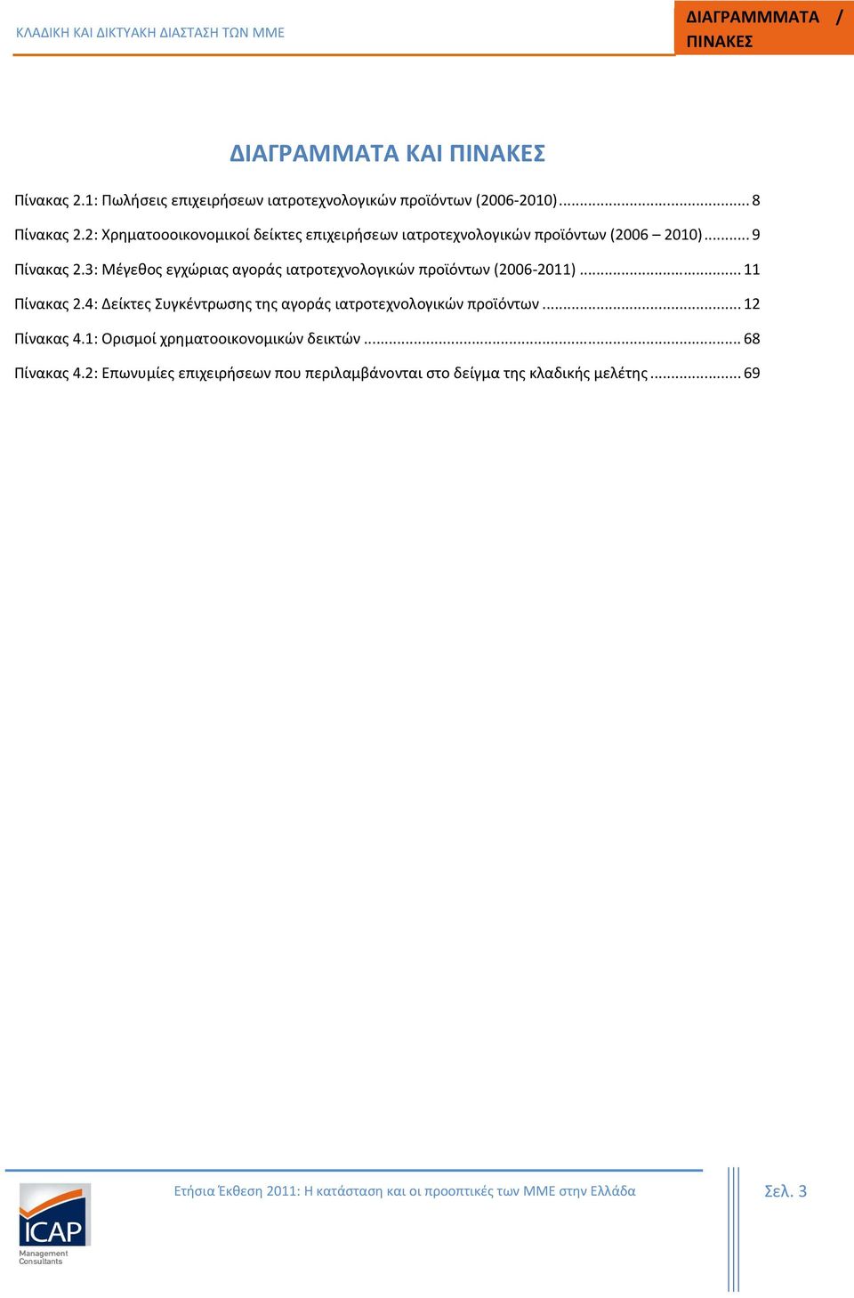 3: Μέγεθος εγχώριας αγοράς ιατροτεχνολογικών προϊόντων (2006-2011)... 11 Πίνακας 2.4: Δείκτες Συγκέντρωσης της αγοράς ιατροτεχνολογικών προϊόντων.