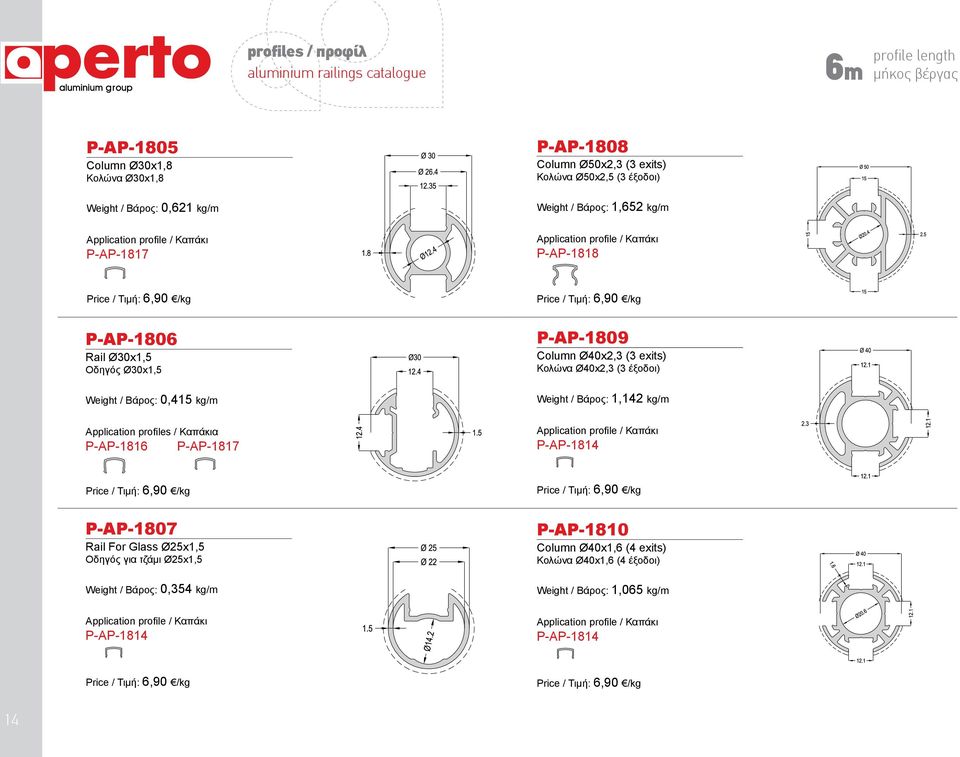 Column Ø40x2,3 (3 exits) Κολώνα Ø40x2,3 (3 έξοδοι) Weight / Βάρος: 1,142 kg/m Application profiles / Καπάκια P-AP-1816 P-AP-1817 Application profile / Καπάκι P-AP-1807 Rail For Glass Ø25x1,5