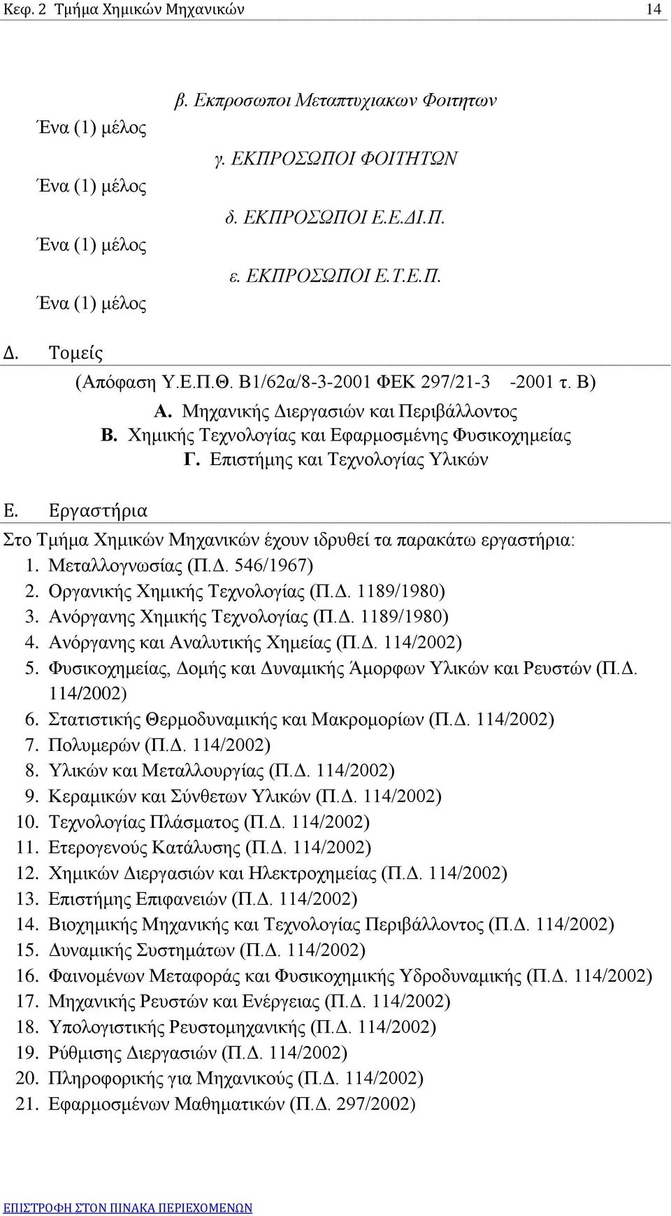 Εργαστήρια Στο Τμήμα Χημικών Μηχανικών έχουν ιδρυθεί τα παρακάτω εργαστήρια: 1. Μεταλλογνωσίας (Π.Δ. 546/1967) 2. Οργανικής Χημικής Τεχνολογίας (Π.Δ. 1189/1980) 3. Ανόργανης Χημικής Τεχνολογίας (Π.Δ. 1189/1980) 4.