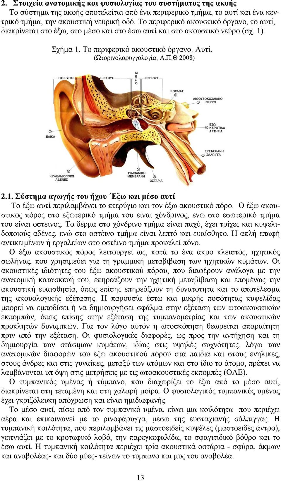 Θ 2008) 2.1. Σύστημα αγωγής του ήχου Εξω και μέσο αυτί To έξω αυτί περιλαμβάνει το πτερύγιο και τον έξω ακουστικό πόρο.