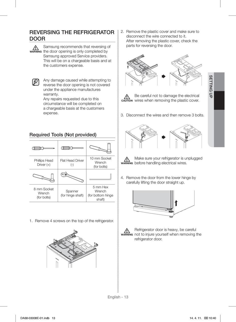 After removing the plastic cover, check the parts for reversing the door. Any damage caused while attempting to reverse the door opening is not covered under the appliance manufactures warranty.