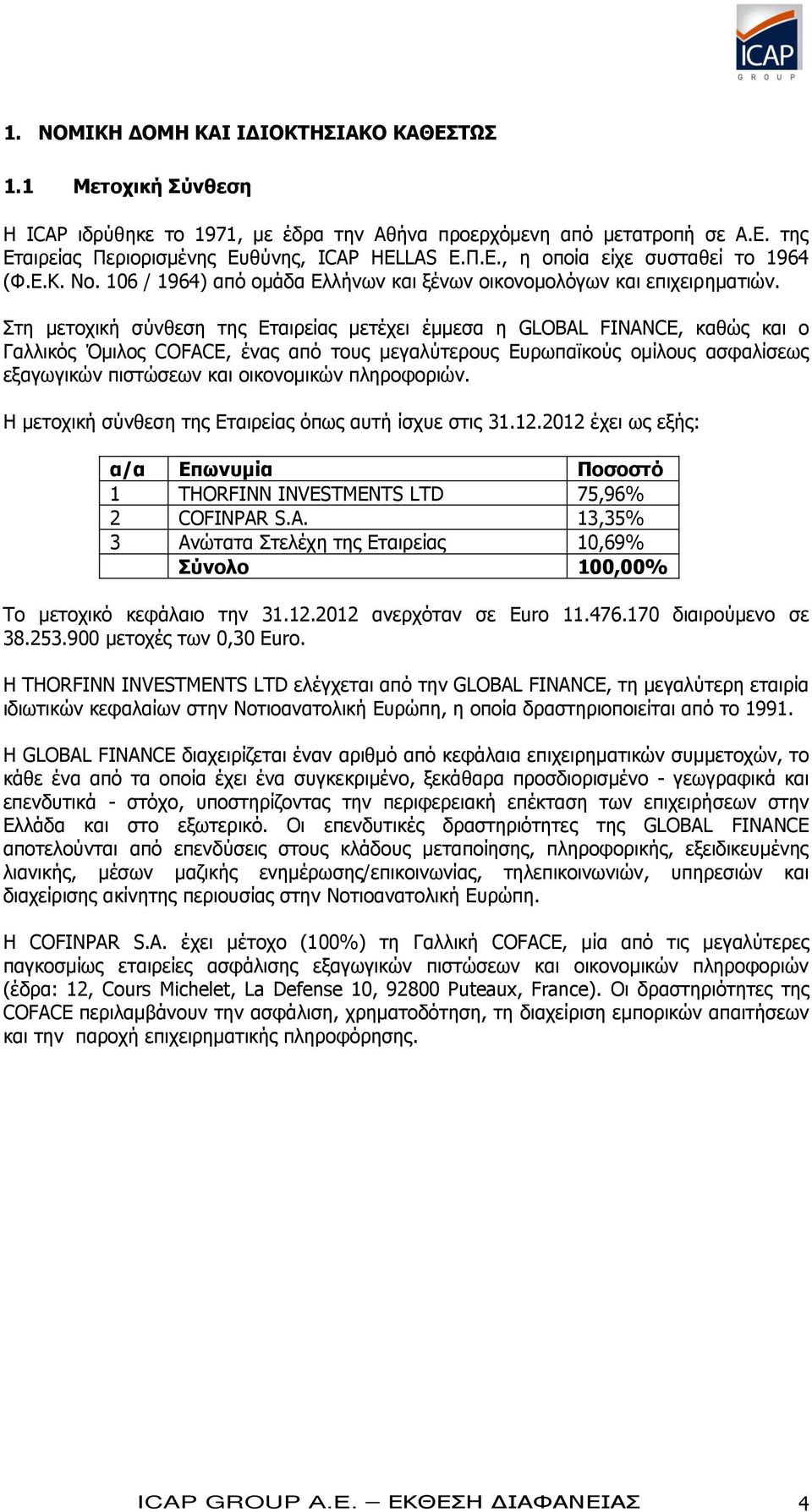 Στη μετοχική σύνθεση της Εταιρείας μετέχει έμμεσα η GLOBAL FINANCE, καθώς και ο Γαλλικός Όμιλος COFACE, ένας από τους μεγαλύτερους Ευρωπαϊκούς ομίλους ασφαλίσεως εξαγωγικών πιστώσεων και οικονομικών