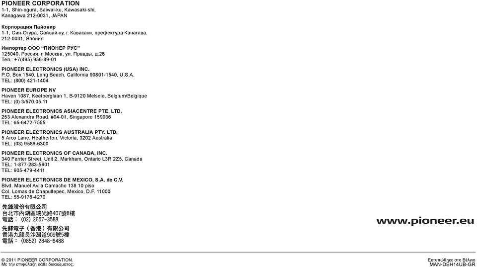 S.A. TEL: (800) 421-1404 PIONEER EUROPE NV Haven 1087, Keetberglaan 1, B-9120 Melsele, Belgium/Belgique TEL: (0) 3/570.05.11 PIONEER ELECTRONICS ASIACENTRE PTE. LTD.