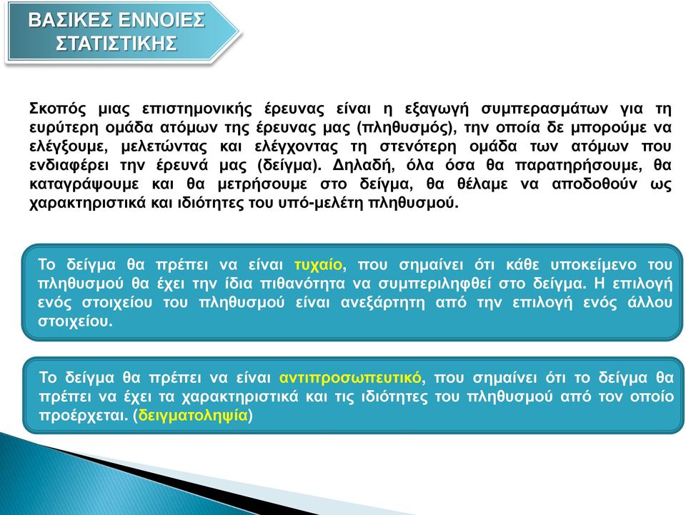 Δηλαδή, όλα όσα θα παρατηρήσουμε, θα καταγράψουμε και θα μετρήσουμε στο δείγμα, θα θέλαμε να αποδοθούν ως χαρακτηριστικά και ιδιότητες του υπό-μελέτη πληθυσμού.