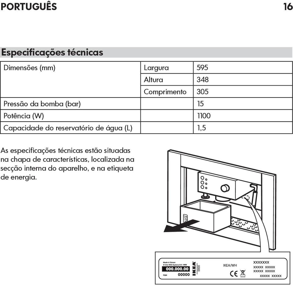 reservatório de água (L) 1,5 As especificações técnicas estão situadas na chapa