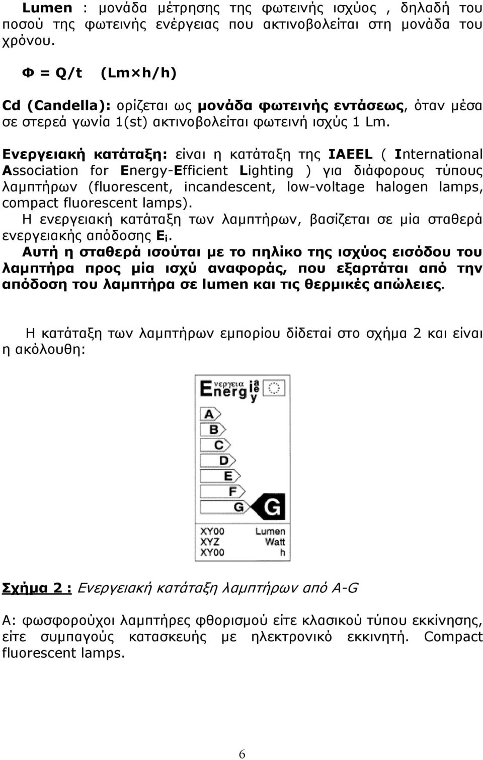 Ενεργειακή κατάταξη: είναι η κατάταξη της IAEEL ( Ιnternational Αssociation for Εnergy-Εfficient Lighting ) για διάφορους τύπους λαμπτήρων (fluorescent, incandescent, low-voltage halogen lamps,