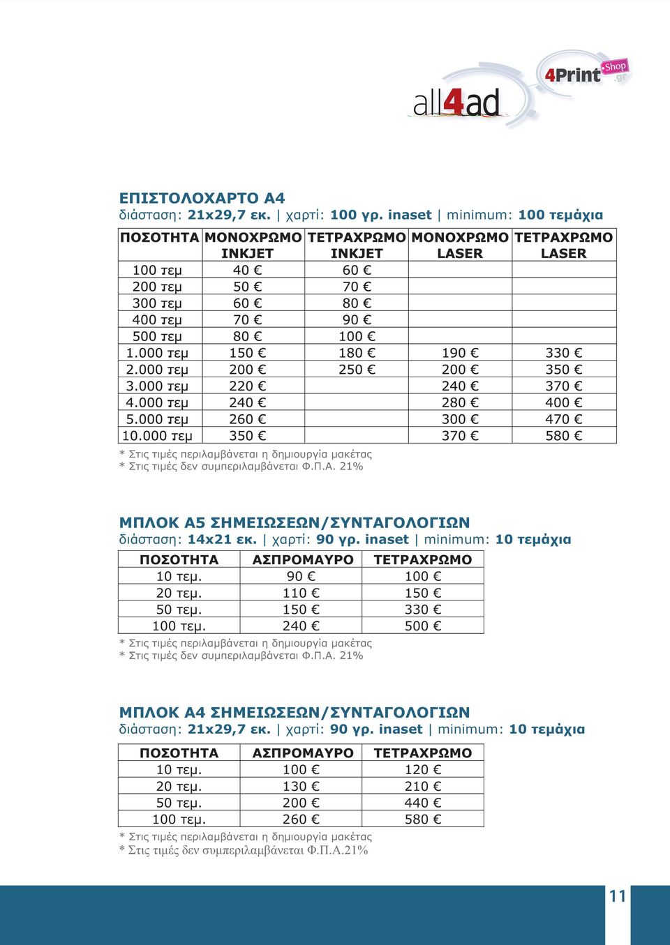 inaset minimum: 10 τεμάχια ΠΟΣΟΤΗΤΑ ΑΣΠΡΟΜΑΥΡΟ ΤΕΤΡΑΧΡΩΜΟ 10 τεμ. 90 100 20 τεμ. 110 150 50 τεμ. 150 330 100 τεμ.