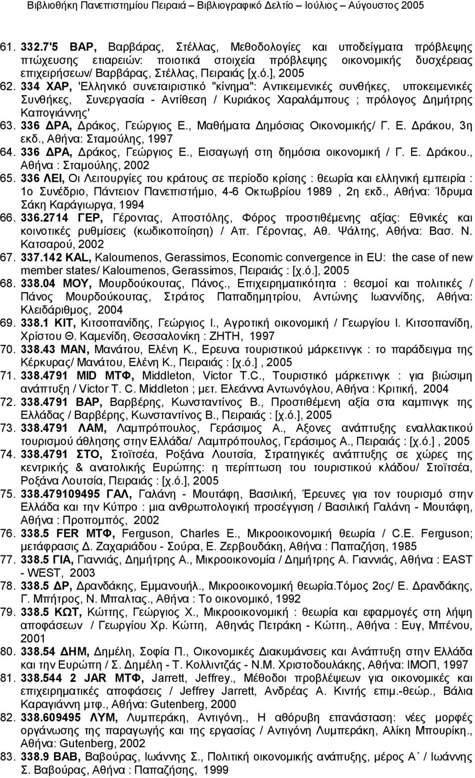 336 ΔΡΑ, Δράκος, Γεώργιος Ε., Μαθήματα Δημόσιας Οικονομικής/ Γ. Ε. Δράκου, 3η εκδ., Αθήνα: Σταμούλης, 1997 64. 336 ΔΡΑ, Δράκος, Γεώργιος Ε., Εισαγωγή στη δημόσια οικονομική / Γ. Ε. Δράκου., Αθήνα : Σταμούλης, 2002 65.