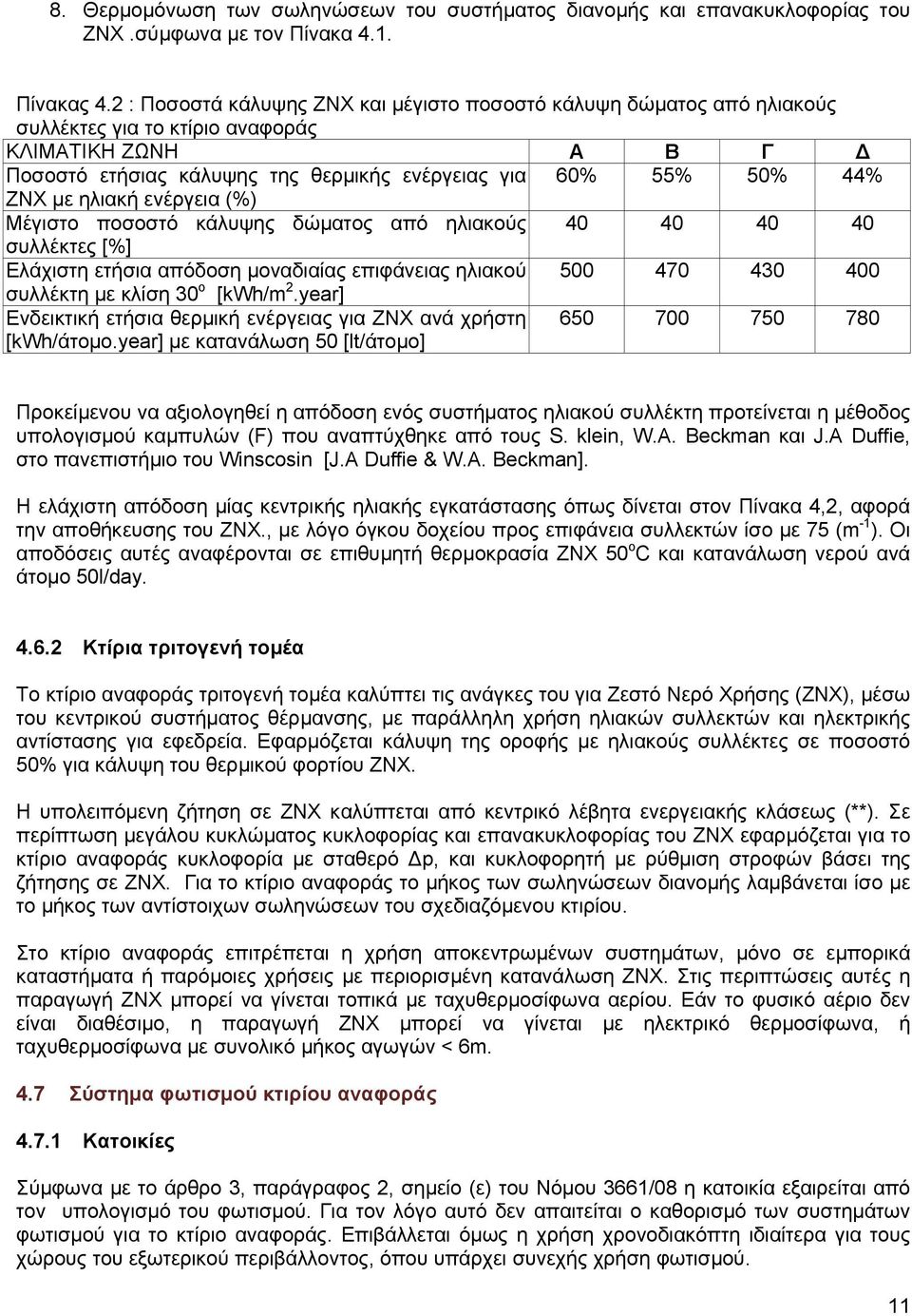 ηλιακή ενέργεια (%) Μέγιστο ποσοστό κάλυψης δώµατος από ηλιακούς 40 40 40 40 συλλέκτες [%] Ελάχιστη ετήσια απόδοση µοναδιαίας επιφάνειας ηλιακού 500 470 430 400 συλλέκτη µε κλίση 30 ο [kwh/m 2.