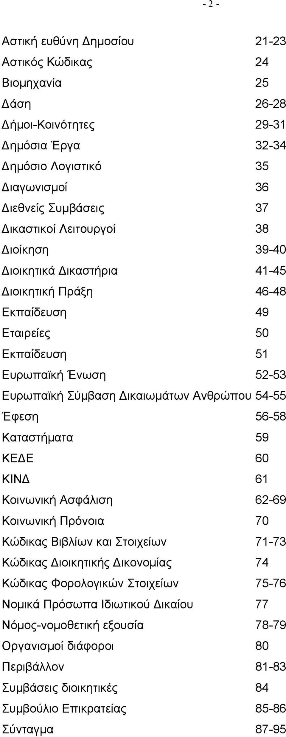 Ανθρώπου 54-55 Έφεση 56-58 Καταστήματα 59 ΚΕΔΕ 60 ΚΙΝΔ 61 Κοινωνική Ασφάλιση 62-69 Κοινωνική Πρόνοια 70 Κώδικας Βιβλίων και Στοιχείων 71-73 Κώδικας Διοικητικής Δικονομίας 74 Κώδικας