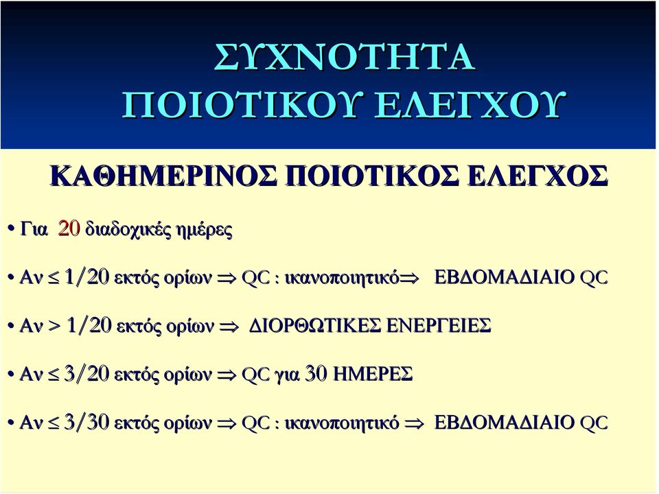 ΕΒΔΟΜΑΔΙΑΙΟ QC Αν > 1/20 εκτός ορίων ΔΙΟΡΘΩΤΙΚΕΣ ΕΝΕΡΓΕΙΕΣ Αν 3/20