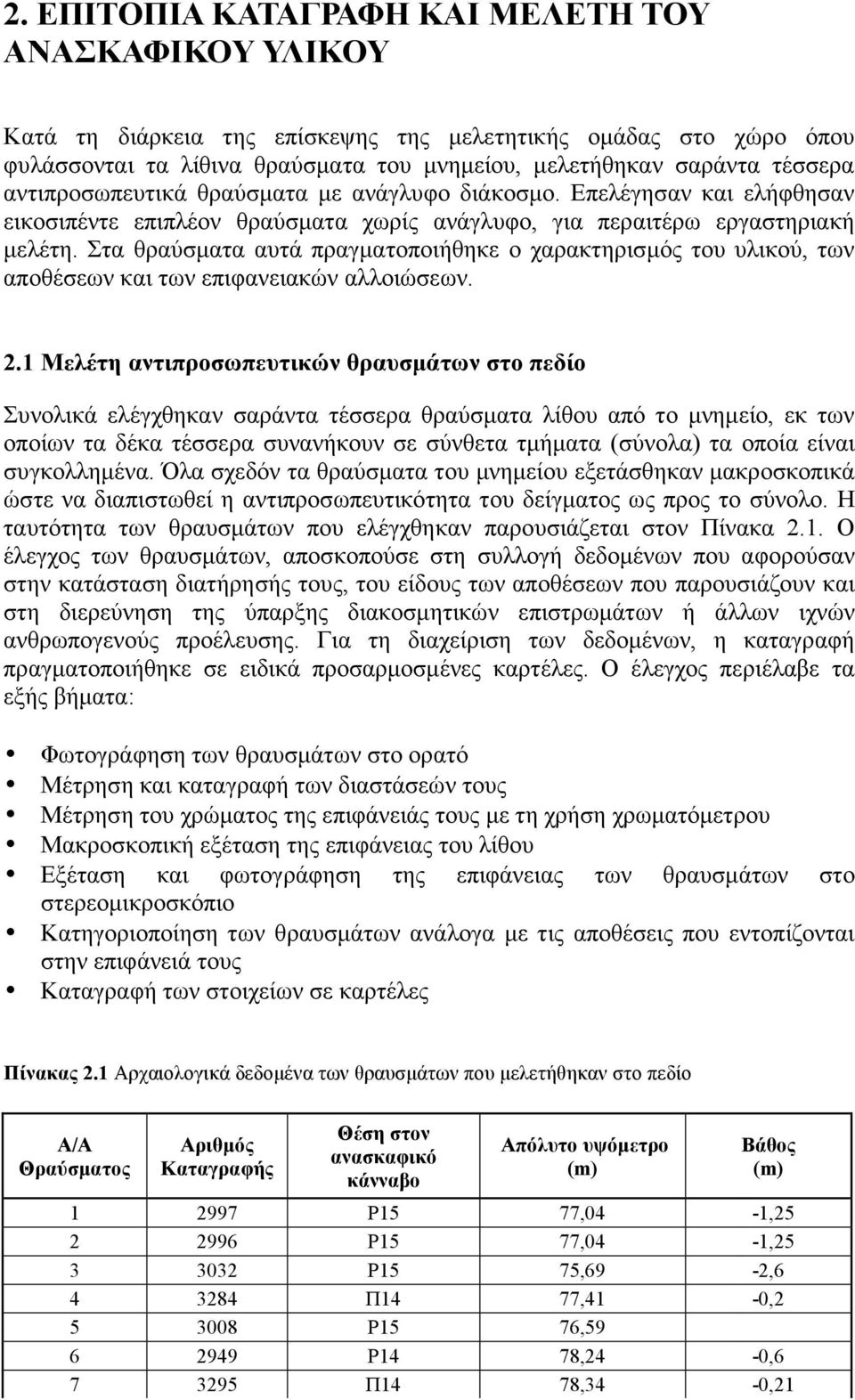 Στα θραύσματα αυτά πραγματοποιήθηκε ο χαρακτηρισμός του υλικού, των αποθέσεων και των επιφανειακών αλλοιώσεων. 2.