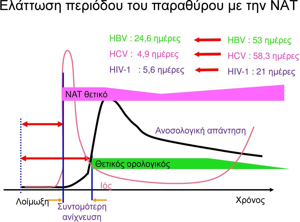 HCV : 58,3ηµέρες HIV-1 : 21 ηµέρες NAT θετικό Ανοσολογική