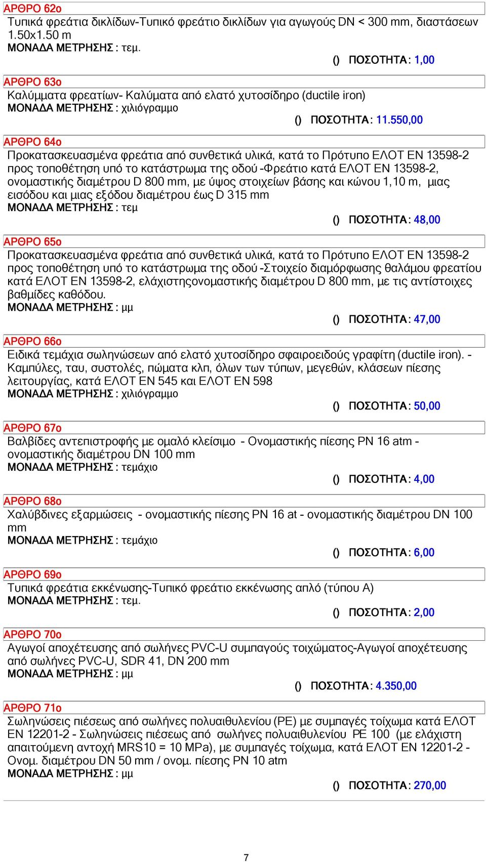 550,00 ΑΡΘΡΟ 64ο Προκατασκευασµένα φρεάτια από συνθετικά υλικά, κατά το Πρότυπο ΕΛΟΤ ΕΝ 13598-2 προς τοποθέτηση υπό το κατάστρωµα της οδού -Φρεάτιο κατά ΕΛΟΤ ΕΝ 13598-2, ονοµαστικής διαµέτρου D 800