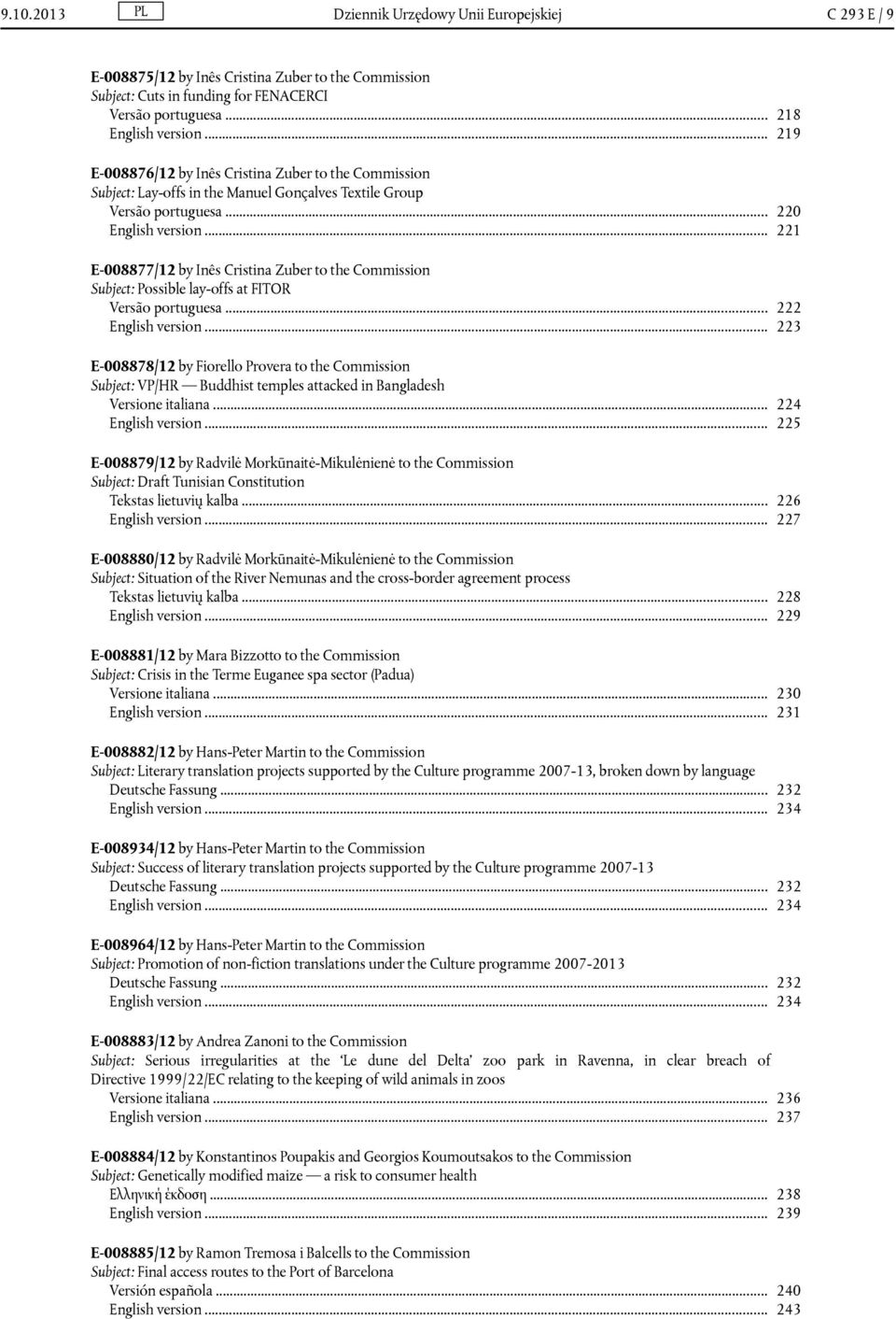 .. 221 E-008877/12 by Inês Cristina Zuber to the Commission Subject: Possible lay-offs at FITOR Versão portuguesa... 222 English version.