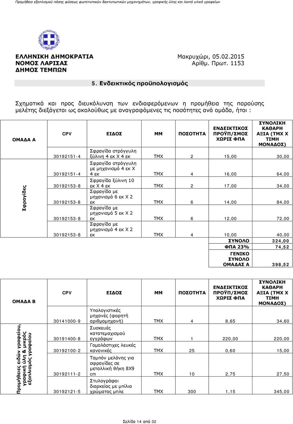 Σφραγίδες CPV ΕΙΔΟΣ ΜΜ ΠΟΣΟΤΗΤΑ 30192151-4 30192151-4 30192153-8 30192153-8 30192153-8 30192153-8 ΕΝΔΕΙΚΤΙΚΟΣ ΠΡΟΫΠ/ΣΜΟΣ ΧΩΡΙΣ ΦΠΑ ΣΥΝΟΛΙΚΗ ΚΑΘΑΡΗ ΑΞΙΑ (ΤΜΧ Χ ΤΙΜΗ ΜΟΝΑΔΟΣ) Σφραγίδα στρόγγυλη ξύλινη