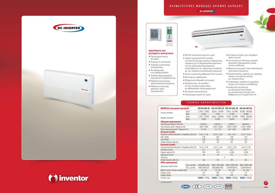 Inverter: αυτόματος έλεγχος ψύξης ή θέρμανσης σύμφωνα με τη θερμοκρασία δωματίου και την εξωτερική θερμοκρασία, συνδυάζοντας την υψηλότερη απόδοση με την ελάχιστη κατανάλωση ενέργειας Scroll