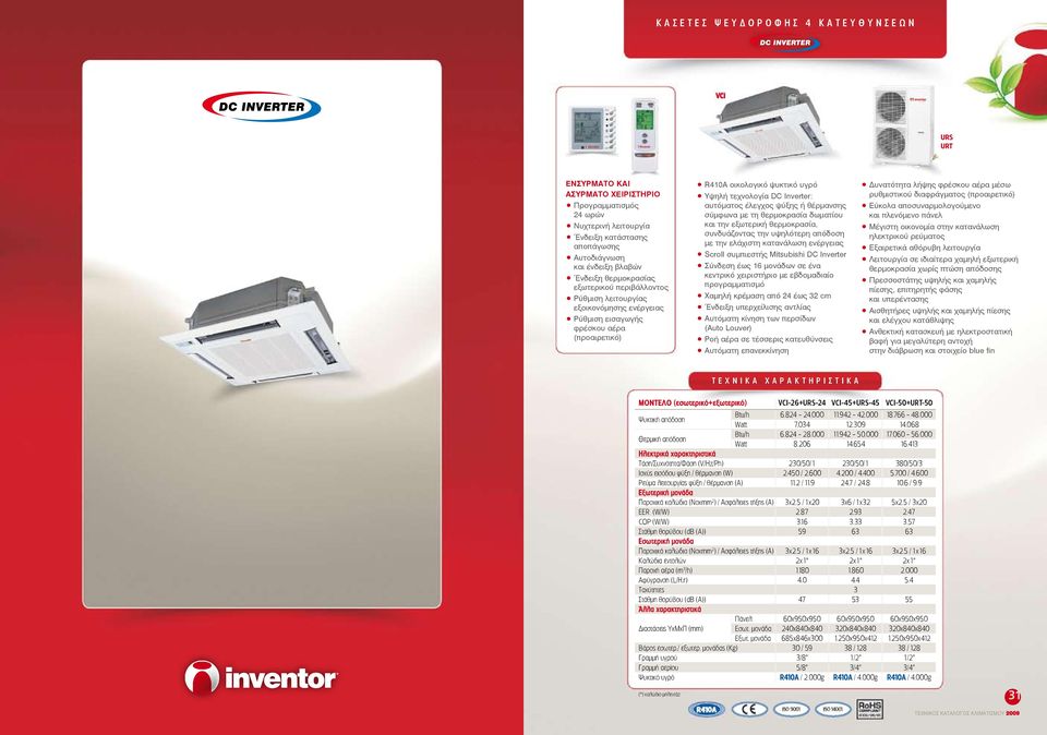 Inverter: αυτόματος έλεγχος ψύξης ή θέρμανσης σύμφωνα με τη θερμοκρασία δωματίου και την εξωτερική θερμοκρασία, συνδυάζοντας την υψηλότερη απόδοση με την ελάχιστη κατανάλωση ενέργειας Scroll