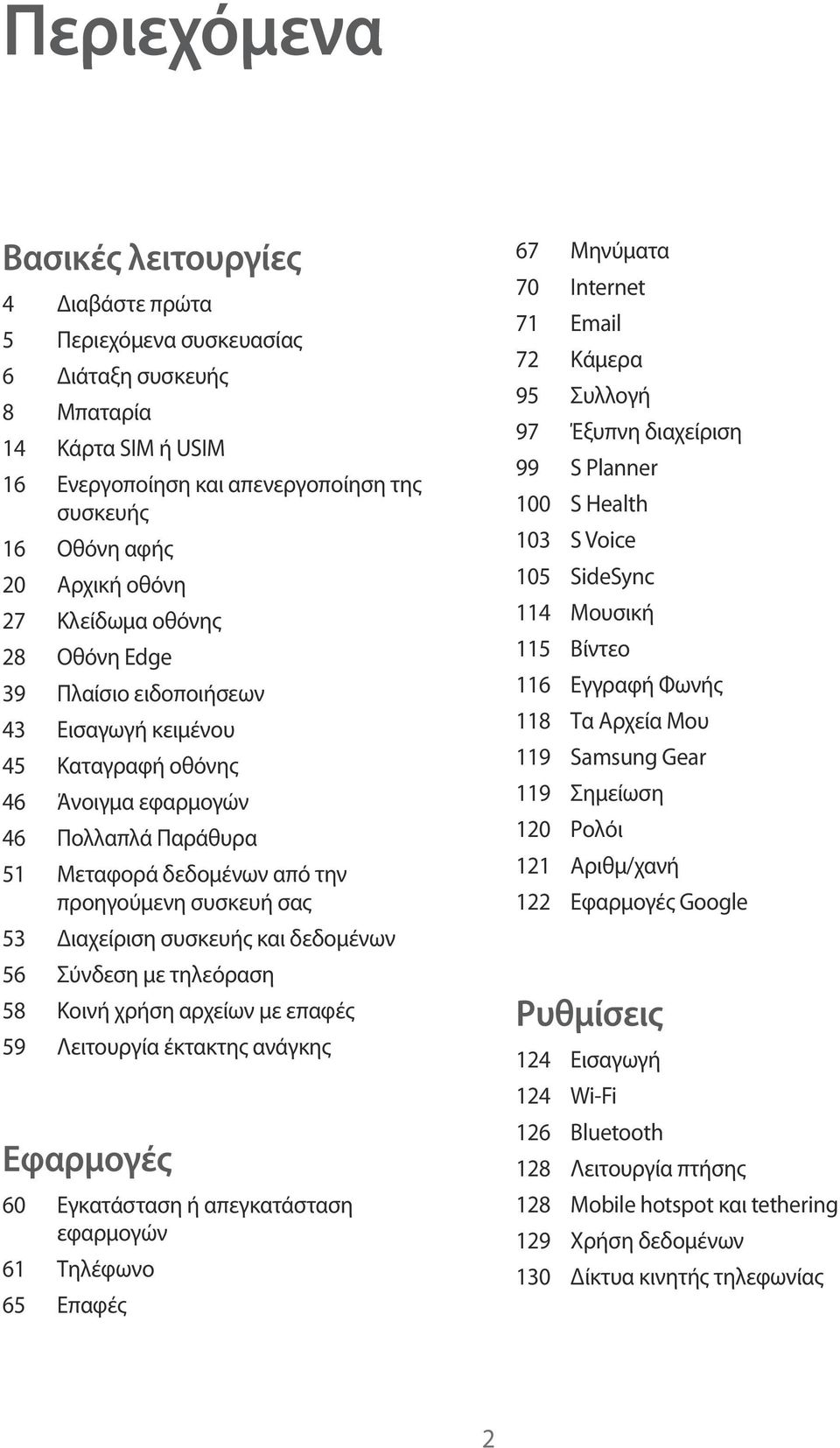 53 Διαχείριση συσκευής και δεδομένων 56 Σύνδεση με τηλεόραση 58 Κοινή χρήση αρχείων με επαφές 59 Λειτουργία έκτακτης ανάγκης Εφαρμογές 60 Εγκατάσταση ή απεγκατάσταση εφαρμογών 61 Τηλέφωνο 65 Επαφές