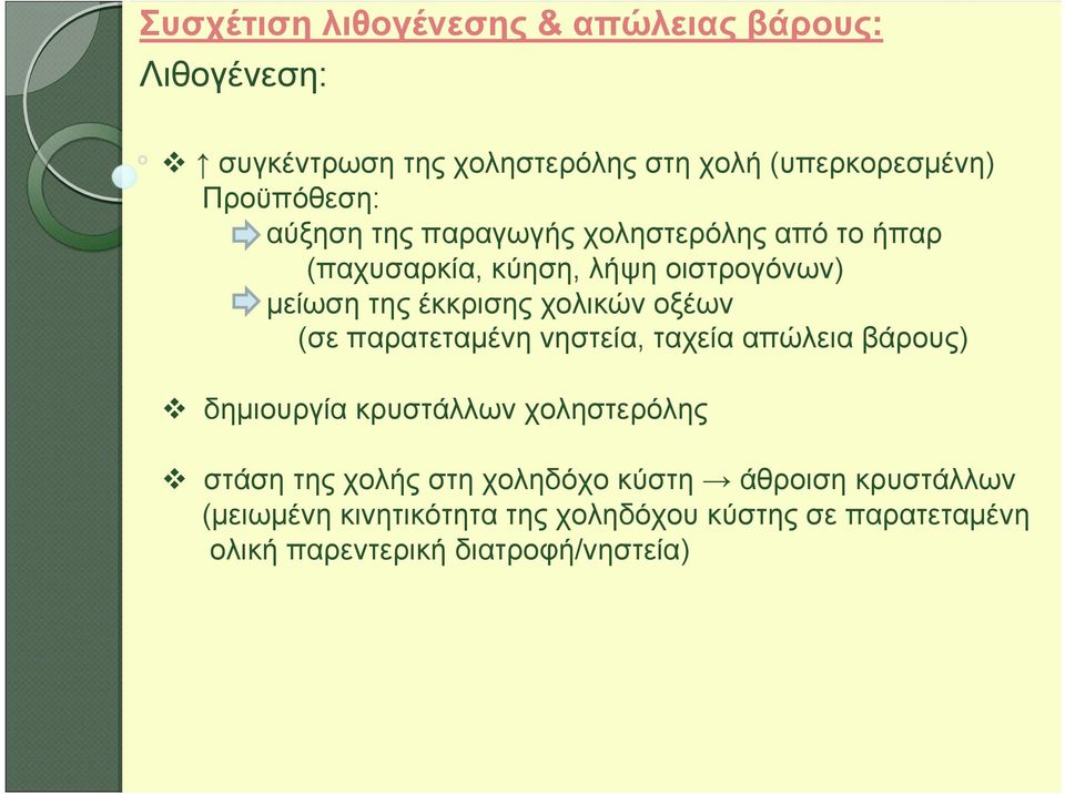 χολικών οξέων (σε παρατεταμένη νηστεία, ταχεία απώλεια βάρους) δημιουργία κρυστάλλων χοληστερόλης στάση της χολής στη