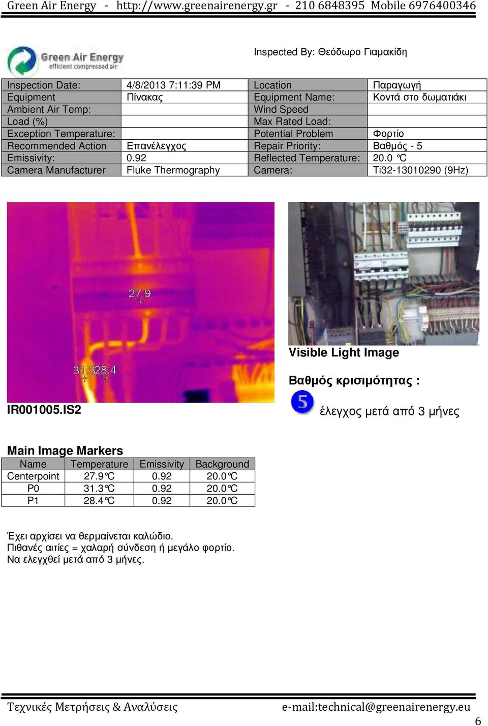 IR001005.IS2 έλεγχος µετά από 3 µήνες Centerpoint 27.9 C 0.92 20.0 C P0 31.3 C 0.92 20.0 C P1 28.4 C 0.92 20.0 C Έχει αρχίσει να θερµαίνεται καλώδιο.