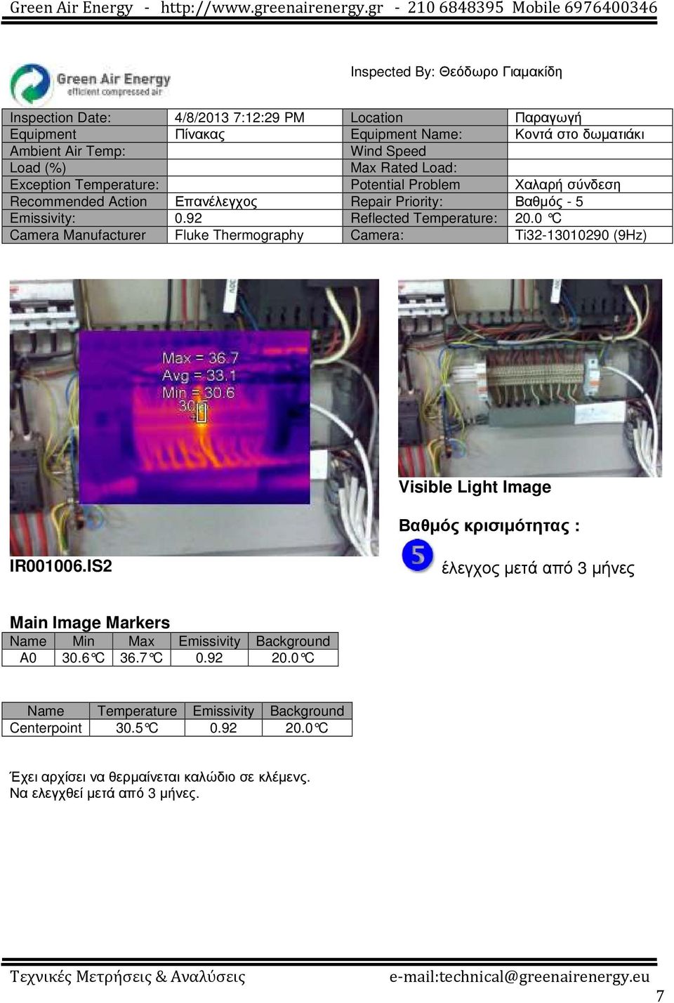 Βαθµός - 5 IR001006.IS2 έλεγχος µετά από 3 µήνες Name Min Max Emissivity Background A0 30.6 C 36.7 C 0.92 20.