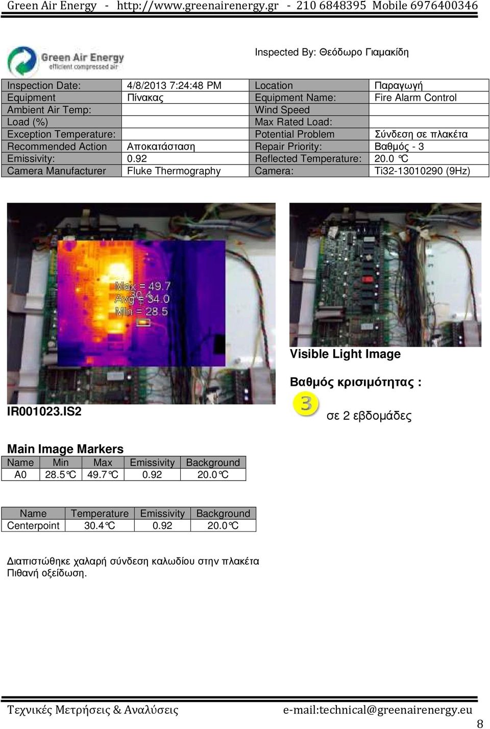 Repair Priority: Βαθµός - 3 IR001023.IS2 σε 2 εβδοµάδες Name Min Max Emissivity Background A0 28.5 C 49.