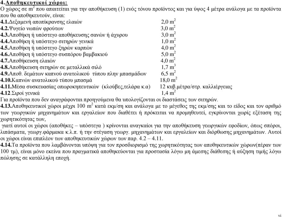 Αποθήκη ή υπόστεγο συσπόρου βαμβακιού 5,0 m 2 4.7.Αποθήκευση ελαιών 4,0 m 2 4.8.Αποθήκευση σιτηρών σε μεταλλικά σιλό 1,7 m 3 4.9.Αποθ. δεμάτων καπνού ανατολικού τύπου πλην μπασμάδων 6,5 m 2 4.10.