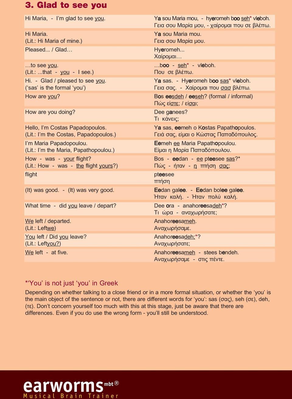 ) How - was - your flight? (Lit.: How - was - the flight yours?) flight (It) was good. - (It) was very good. What time - did you leave / depart? We left / departed. (Lit.: Leftwe) You left / Did you leave?