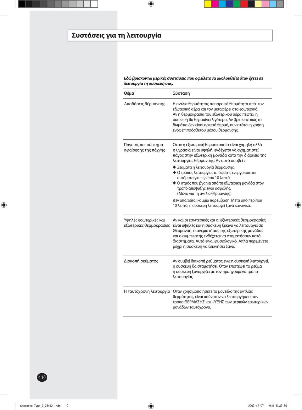 Aν η θερμοκρασία του εξωτερικού αέρα πέφτει, η συσκευή θα θερμαίνει λιγότερο. Aν βρίσκετε πως το δωμάτιο δεν είναι αρκετά θερμό, συνιστάται η χρήση ενός επιπρόσθετου μέσου θέρμανσης.