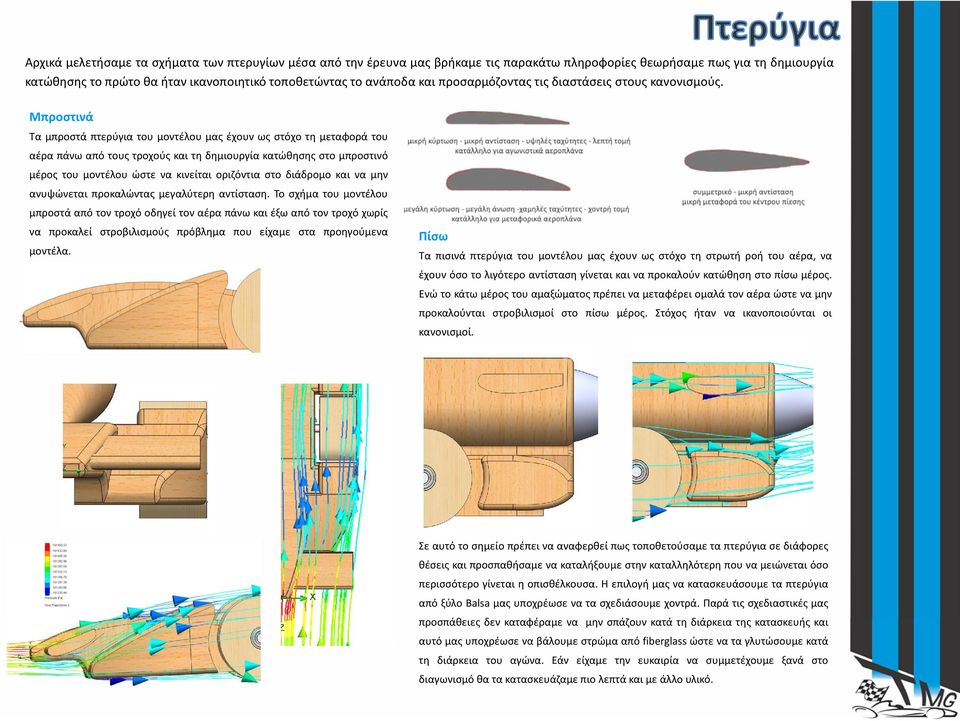 Μπροστινά Τα μπροστά πτερύγια του μοντέλου μας έχουν ως στόχο τη μεταφορά του αέρα πάνω από τους τροχούς και τη δημιουργία κατώθησης στο μπροστινό μέρος του μοντέλου ώστε να κινείται οριζόντια στο