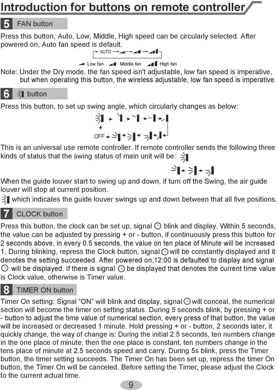 6 button Low fan AUTO Middle fan High fan Press this button, to set up swing angle, which circularly changes as below: OFF This is an universal use remote controller.