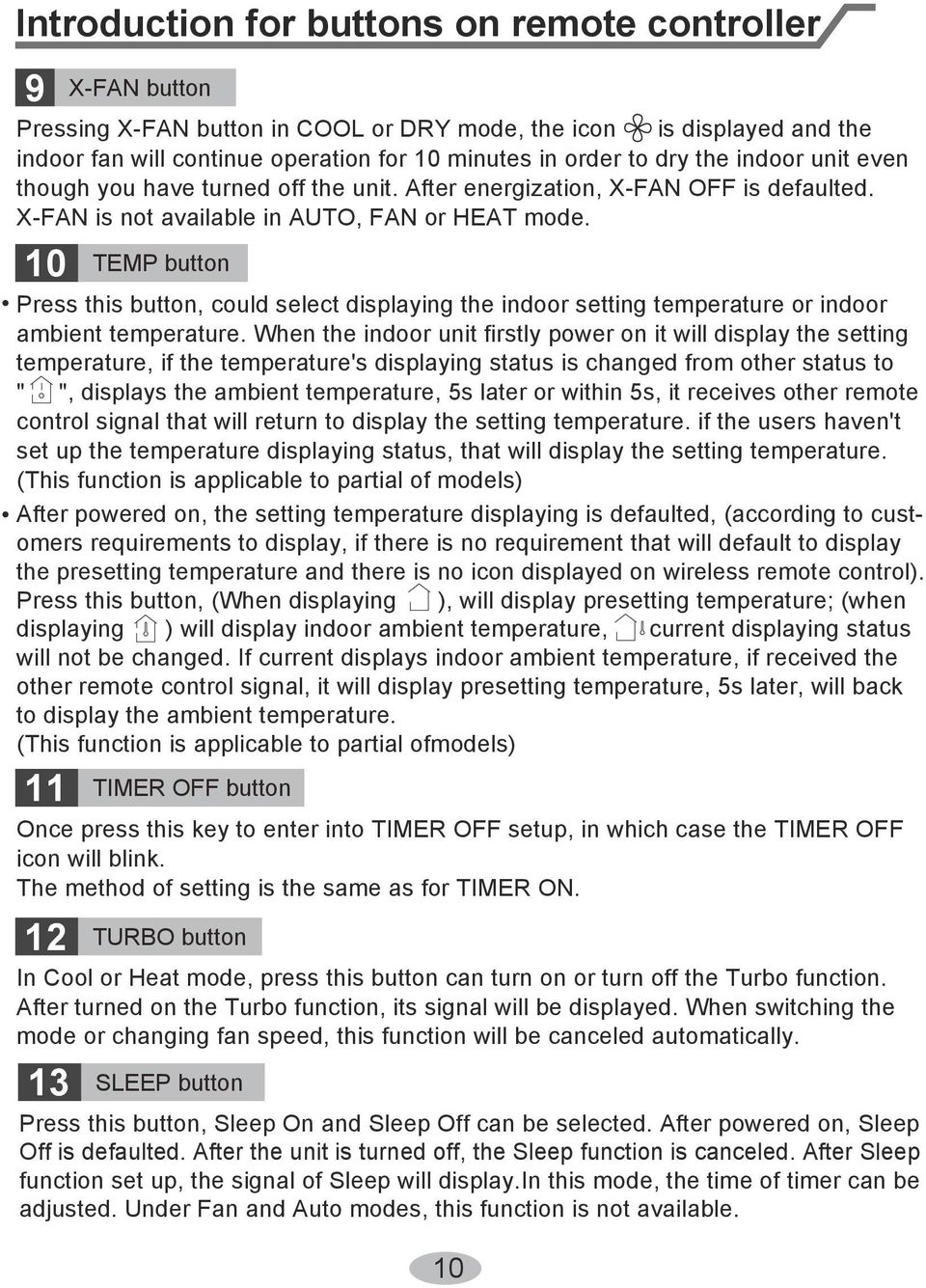 10 TEMP button Press this button, could select displaying the indoor setting temperature or indoor ambient temperature.