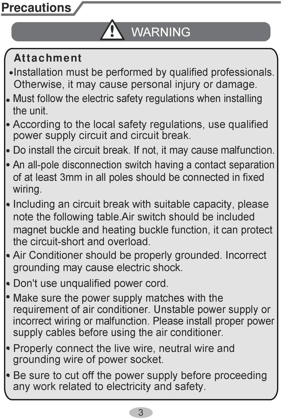 If not, it may cause malfunction. An all-pole disconnection switch having a contact separation of at least 3mm in all poles should be connected in fixed wiring.