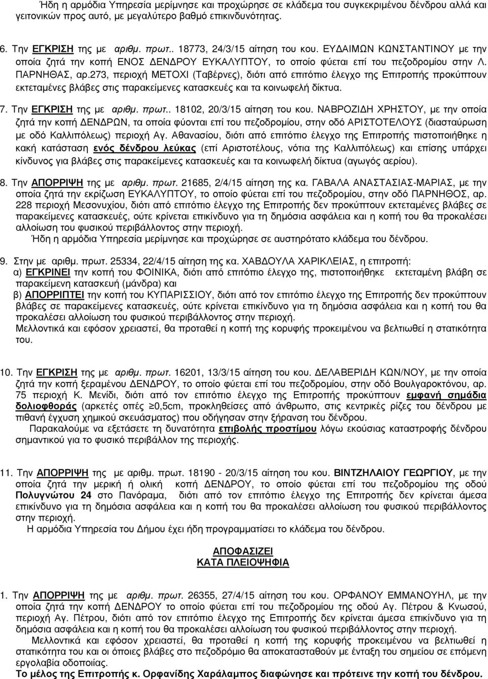 273, περιοχή ΜΕΤΟΧΙ (Ταβέρνες), διότι από επιτόπιο έλεγχο της Επιτροπής προκύπτουν εκτεταµένες βλάβες στις παρακείµενες κατασκευές και τα κοινωφελή δίκτυα. 7. Την ΕΓΚΡΙΣΗ της µε αριθµ. πρωτ.