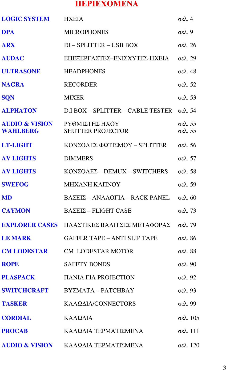 56 AV LIGHTS DIMMERS σελ. 57 AV LIGHTS ΚΟΝΣΟΛΕΣ DEMUX SWITCHERS σελ. 58 SWEFOG ΜΗΧΑΝΗ ΚΑΠΝΟΥ σελ. 59 MD ΒΑΣΕΙΣ ΑΝΑΛΟΓΙΑ RACK PANEL σελ. 60 CAYMON ΒΑΣΕΙΣ FLIGHT CASE σελ.