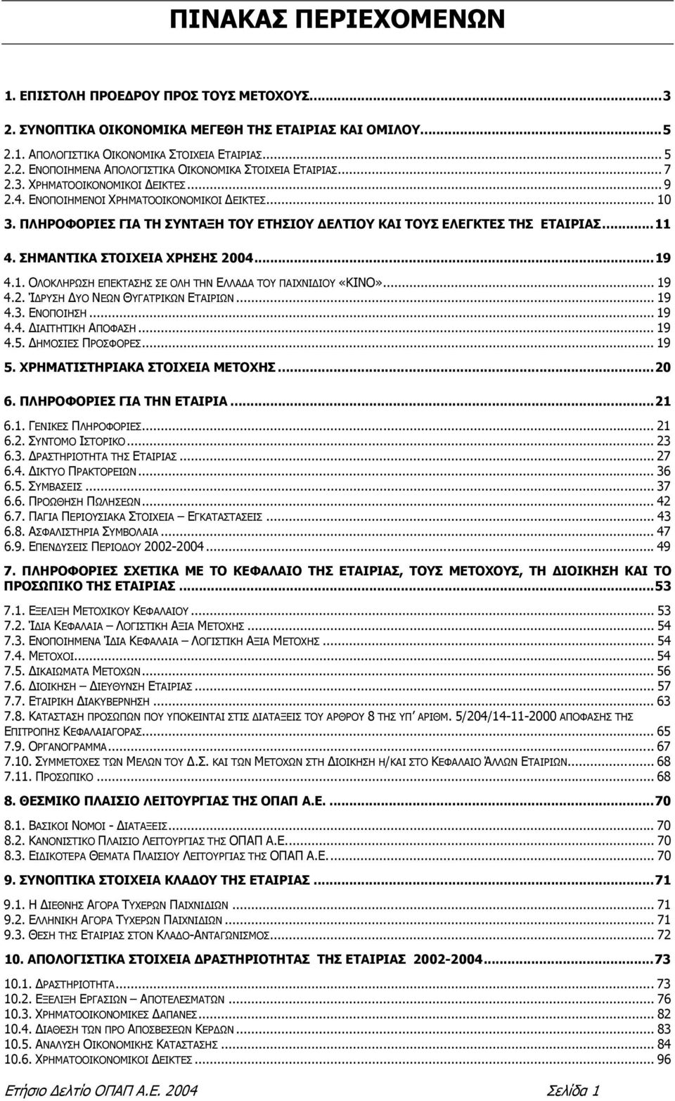 ΣΗΜΑΝΤΙΚΑ ΣΤΟΙΧΕΙΑ ΧΡΗΣΗΣ 2004...19 4.1. ΟΛΟΚΛΗΡΩΣΗ ΕΠΕΚΤΑΣΗΣ ΣΕ ΟΛΗ ΤΗΝ ΕΛΛΑ Α ΤΟΥ ΠΑΙΧΝΙ ΙΟΥ «ΚΙΝΟ»... 19 4.2. Ί ΡΥΣΗ ΥΟ ΝΕΩΝ ΘΥΓΑΤΡΙΚΩΝ ΕΤΑΙΡΙΩΝ... 19 4.3. ΕΝΟΠΟΙΗΣΗ... 19 4.4. ΙΑΙΤΗΤΙΚΗ ΑΠΟΦΑΣΗ.